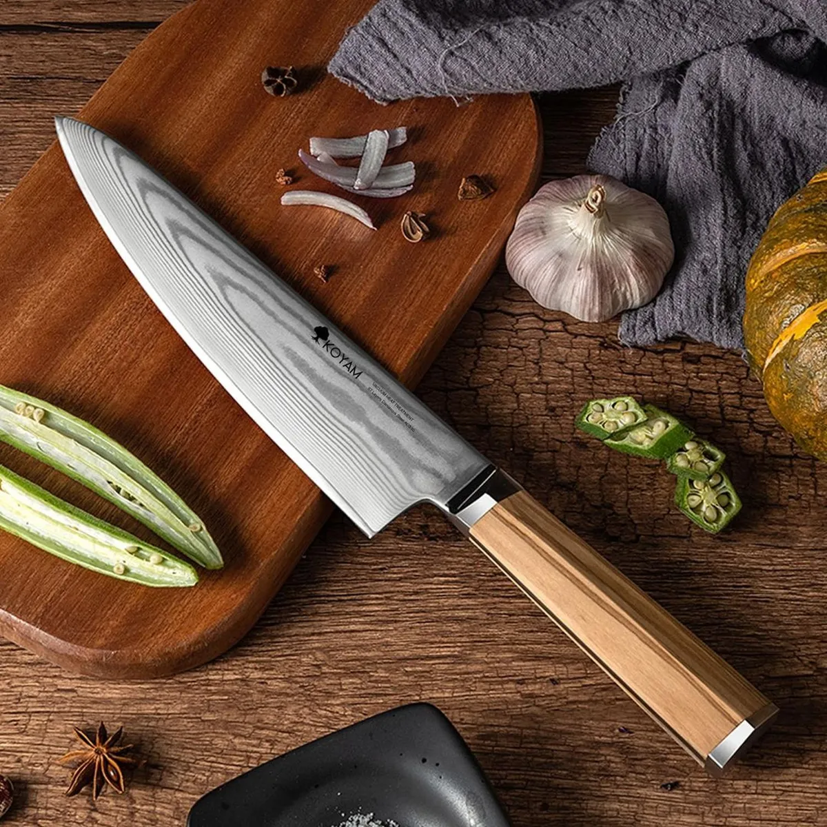 KOYAM - Cuchillo Chef 20cm Acero Damasco Mango Olivo Italiano Koyam