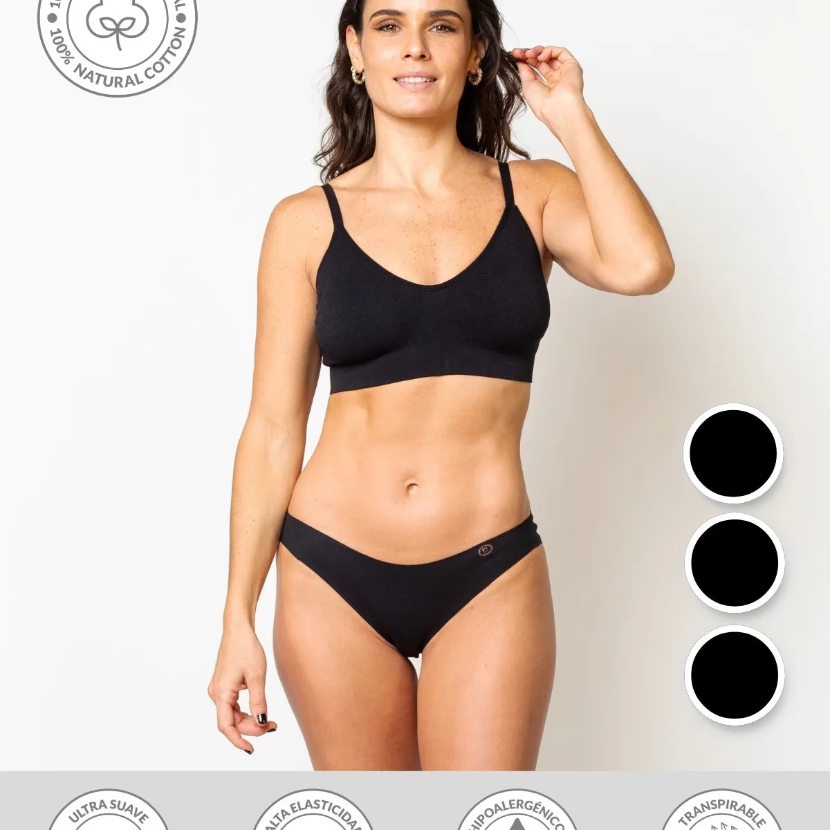 UNICA LINGERIE - CALZÓN PACK 3 BIKINI EN ALGODÓN SIN DEMARCACIÓN NEGRO