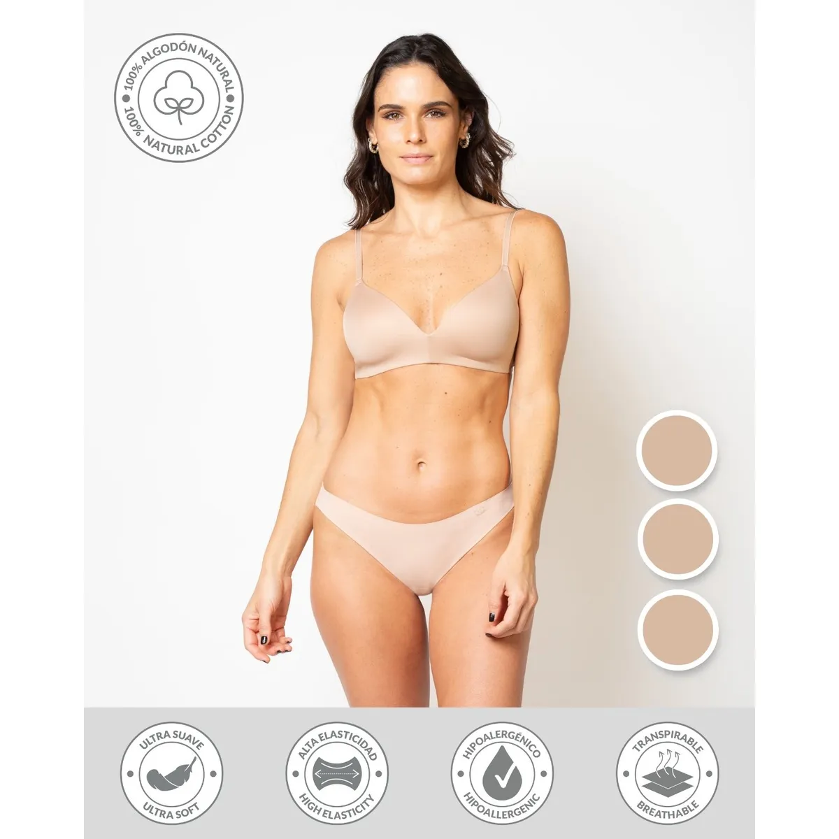 UNICA LINGERIE - CALZÓN PACK 3 BIKINI EN ALGODÓN SIN DEMARCACIÓN BEIGE