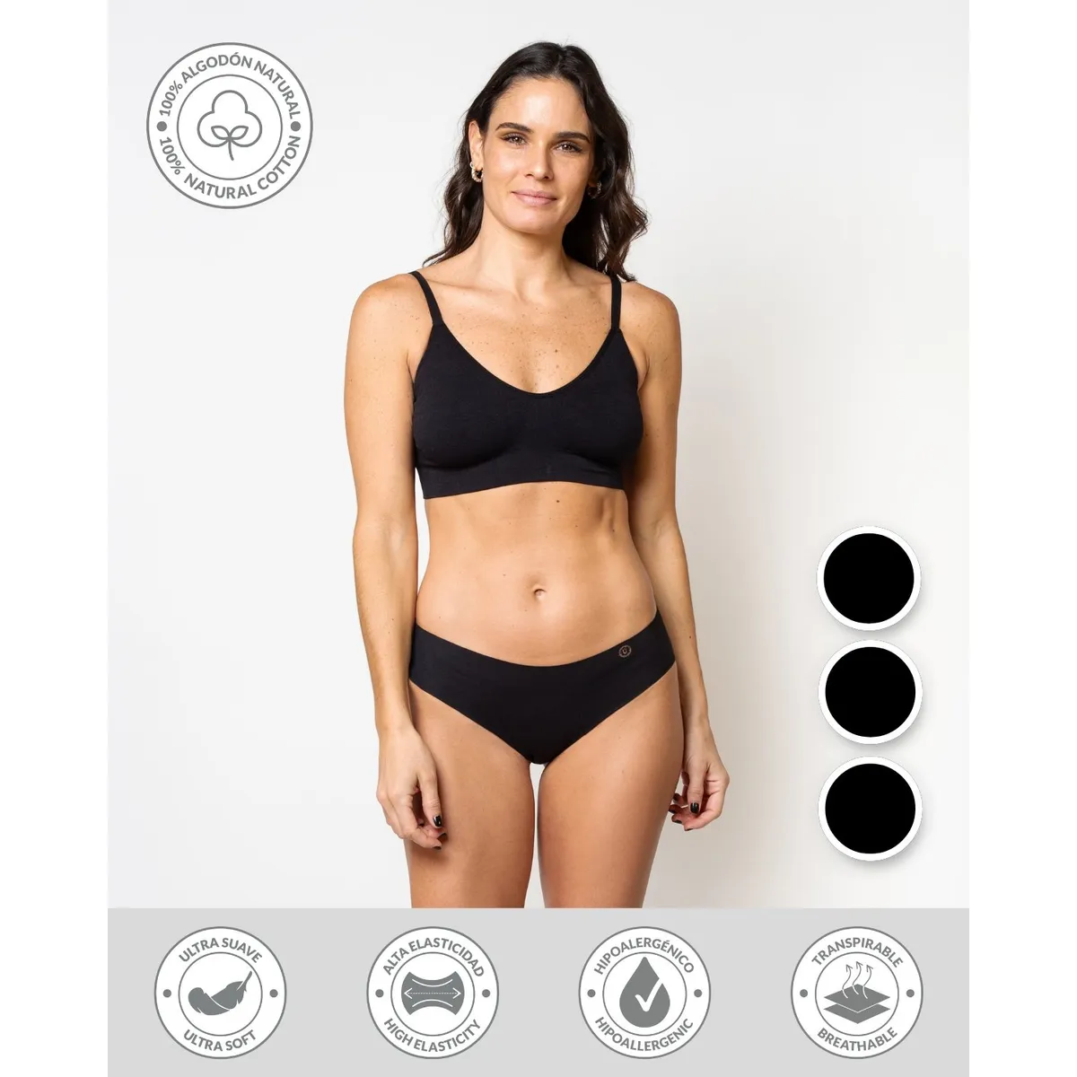 UNICA LINGERIE - CALZÓN PACK 3 PANTALETA EN ALGODÓN SIN DEMARCACIÓN NEGRO