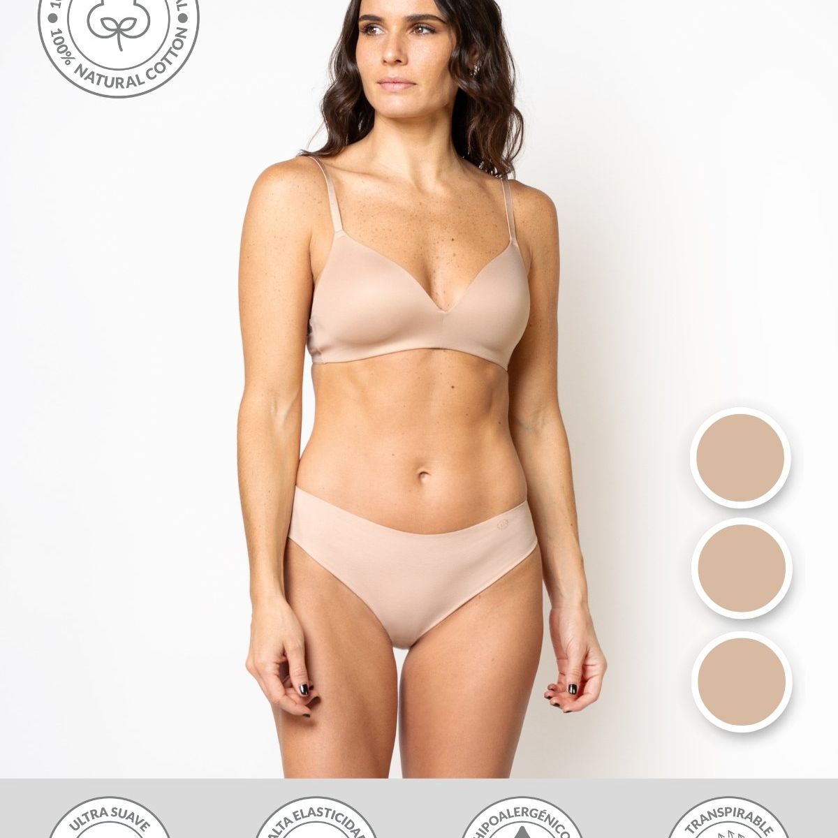 UNICA LINGERIE - CALZÓN PACK 3 PANTALETA EN ALGODÓN SIN DEMARCACIÓN BEIGE.-