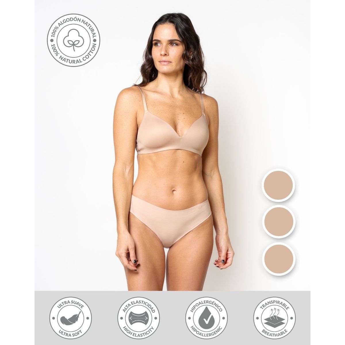 UNICA LINGERIE - CALZÓN PACK 3 PANTALETA EN ALGODÓN SIN DEMARCACIÓN BEIGE.-