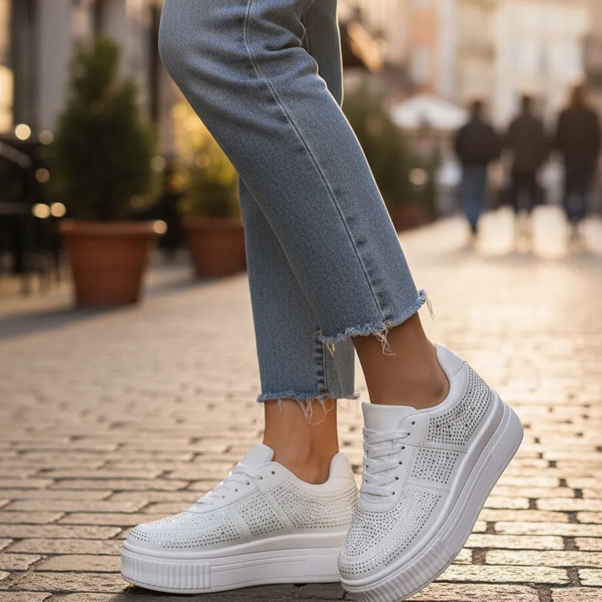 BOVINITA - Zapatillas Mujer Plataforma Blanca Con Brillos Moda Urbana Elegante