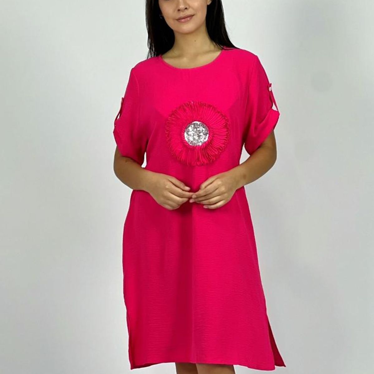ENIGMATICA BOUTIQUE - Vestido Crepe Holgado Circulo con Brillo - Fucsia - Único