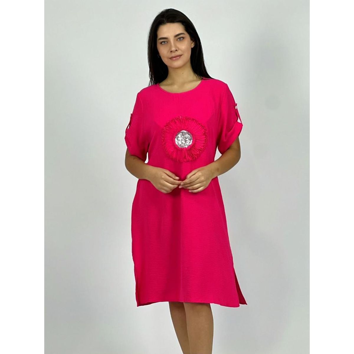 ENIGMATICA BOUTIQUE - Vestido Crepe Holgado Circulo con Brillo - Fucsia - Único