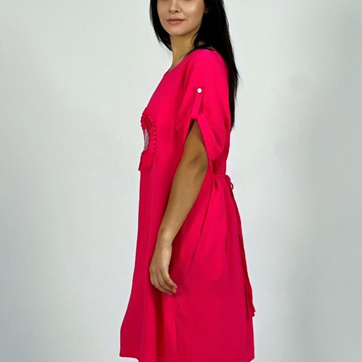 ENIGMATICA BOUTIQUE - Vestido Crepe Holgado Circulo con Brillo - Fucsia - Único