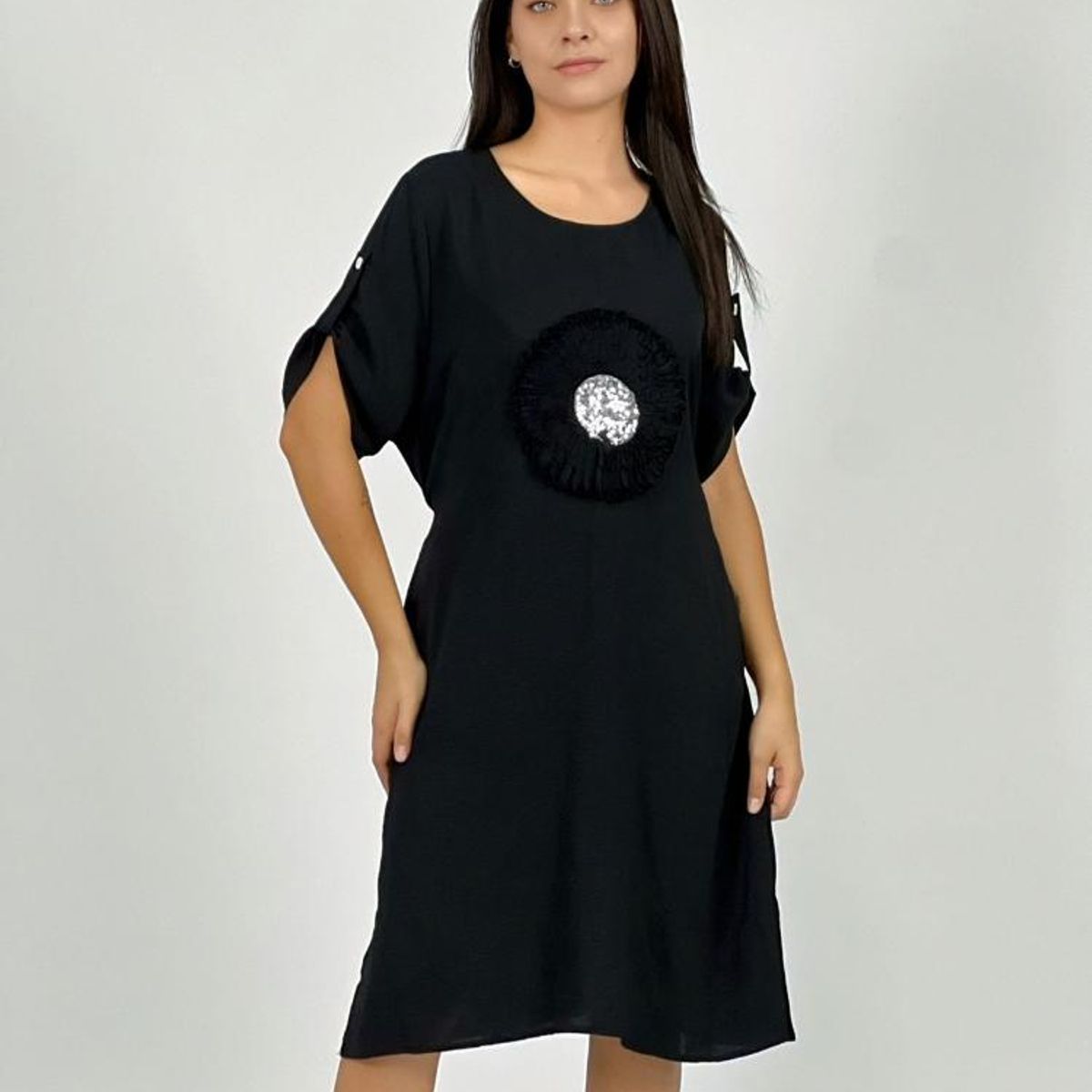 ENIGMATICA BOUTIQUE - Vestido Crepe Holgado Circulo con Brillo - Fucsia - Único