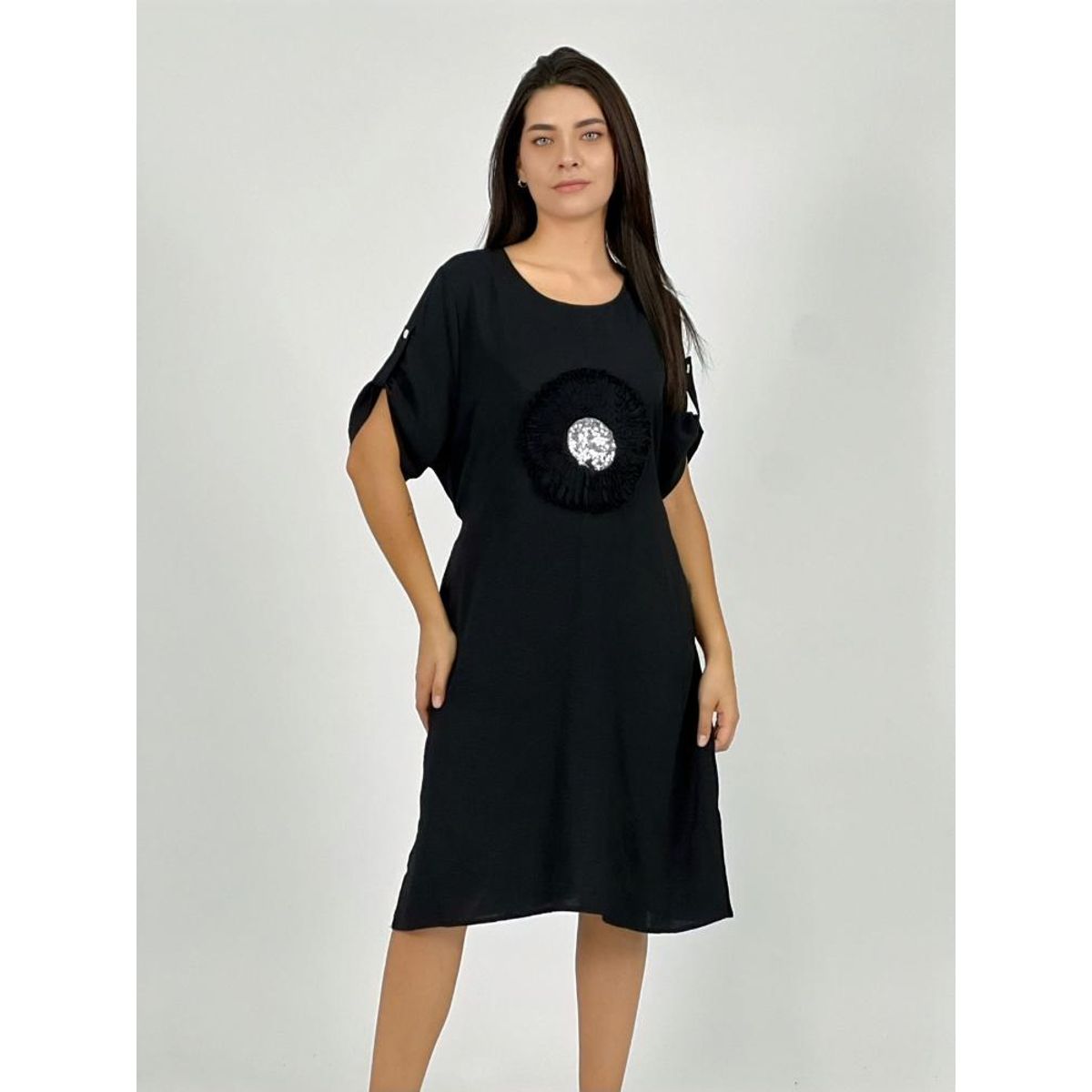 ENIGMATICA BOUTIQUE - Vestido Crepe Holgado Circulo con Brillo - Fucsia - Único