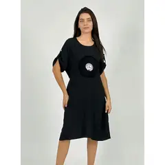 ENIGMATICA BOUTIQUE - Vestido Crepe Holgado Circulo con Brillo - Fucsia - Único