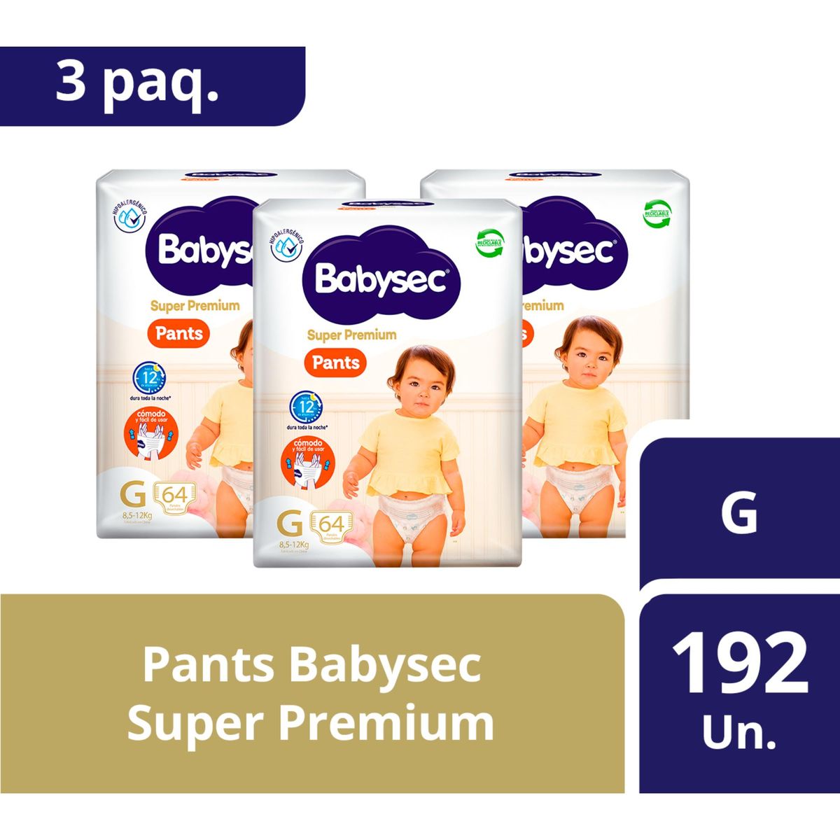 BABYSEC - 3 Paquetes Pants Babysec Super Premium 192 un Talla G