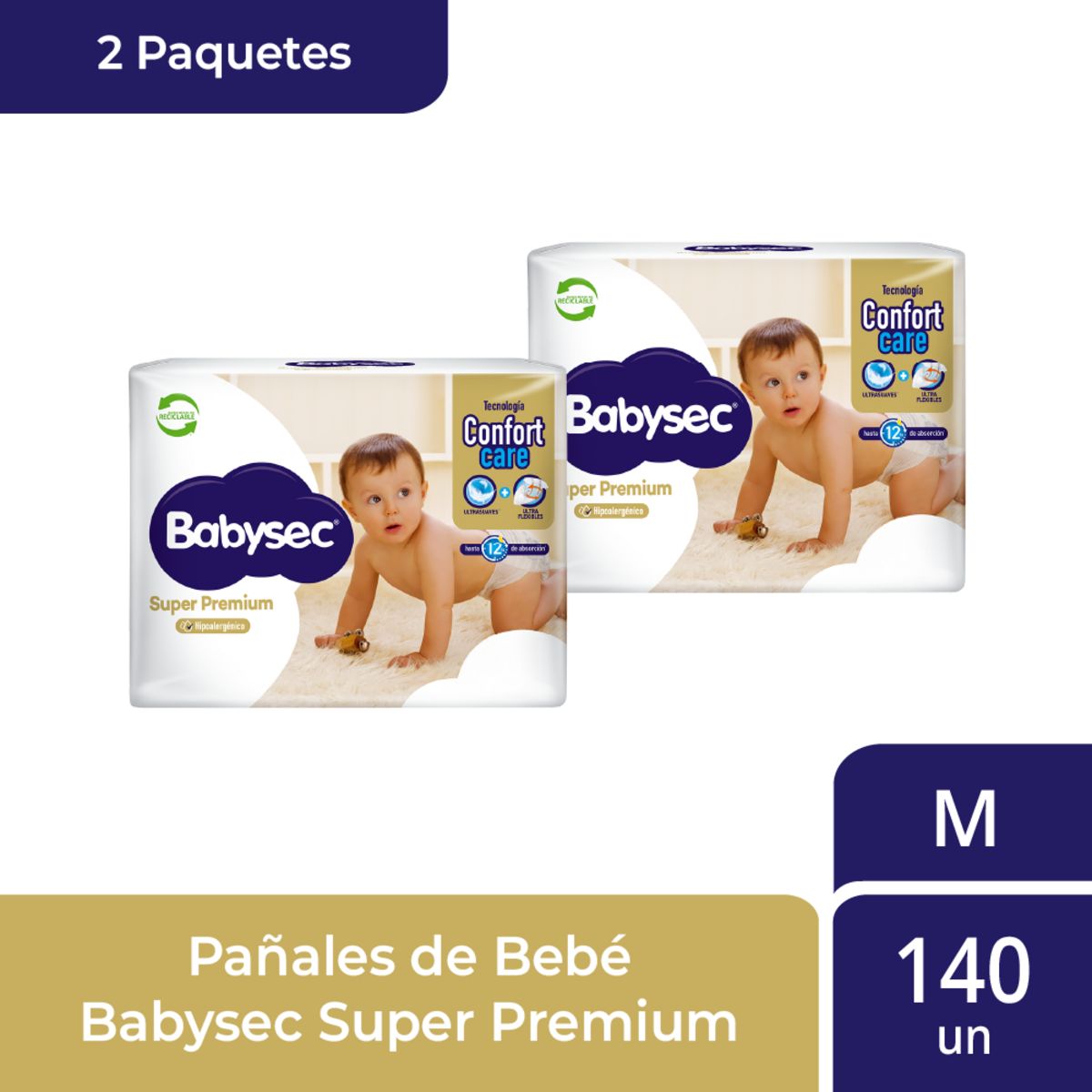BABYSEC - 2 Paquetes Pañales Babysec Super Premium 140 un Talla M
