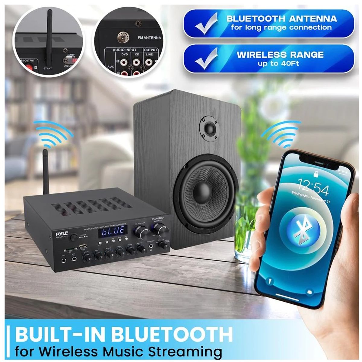 PYLE - Amplificador Compacto Estereo con Bluetooth