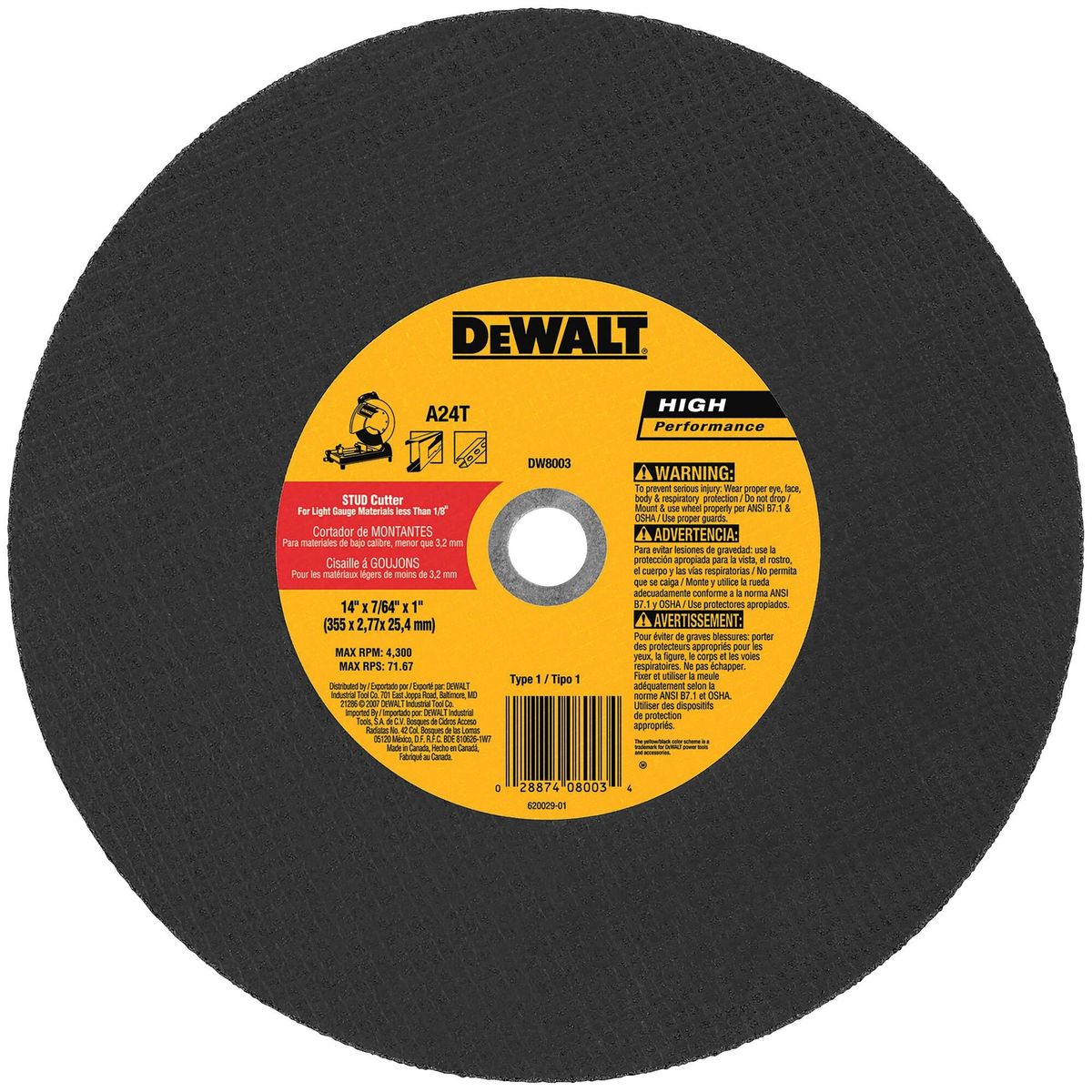 DEWALT - Disco corte metal 14” x 7/64” DEWALT DW8003  Z
