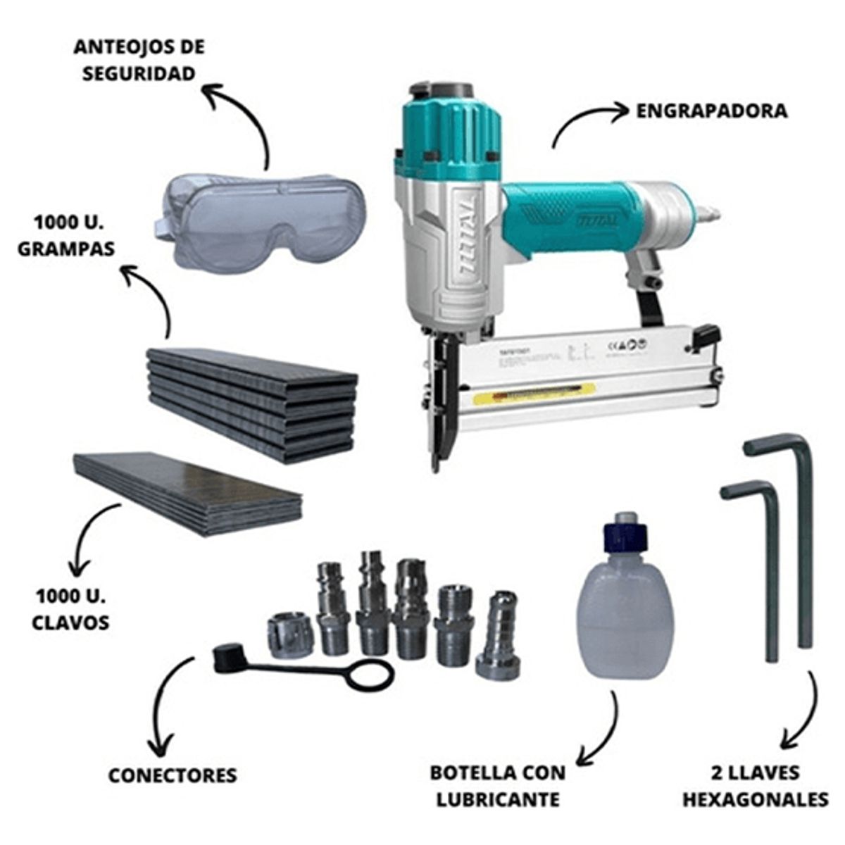 TOTAL - Corchetera Y Clavadora 2 En 1 Neumatica Total + Accesorios