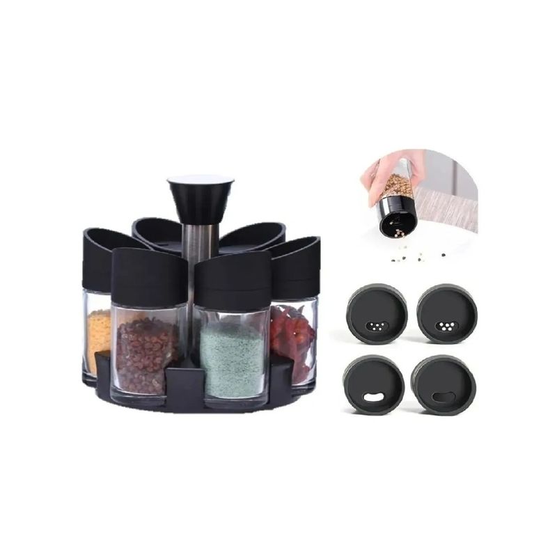 GENERICO - Especiero Giratorio + 6 Piezas Condimenteros 3 Salidas Negro