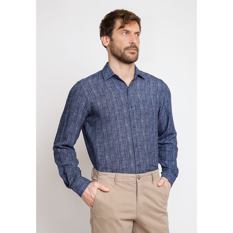 TRIAL - Camisa Hombre Casual Mezcla Algodón Lino Liso Slim Europe Azul