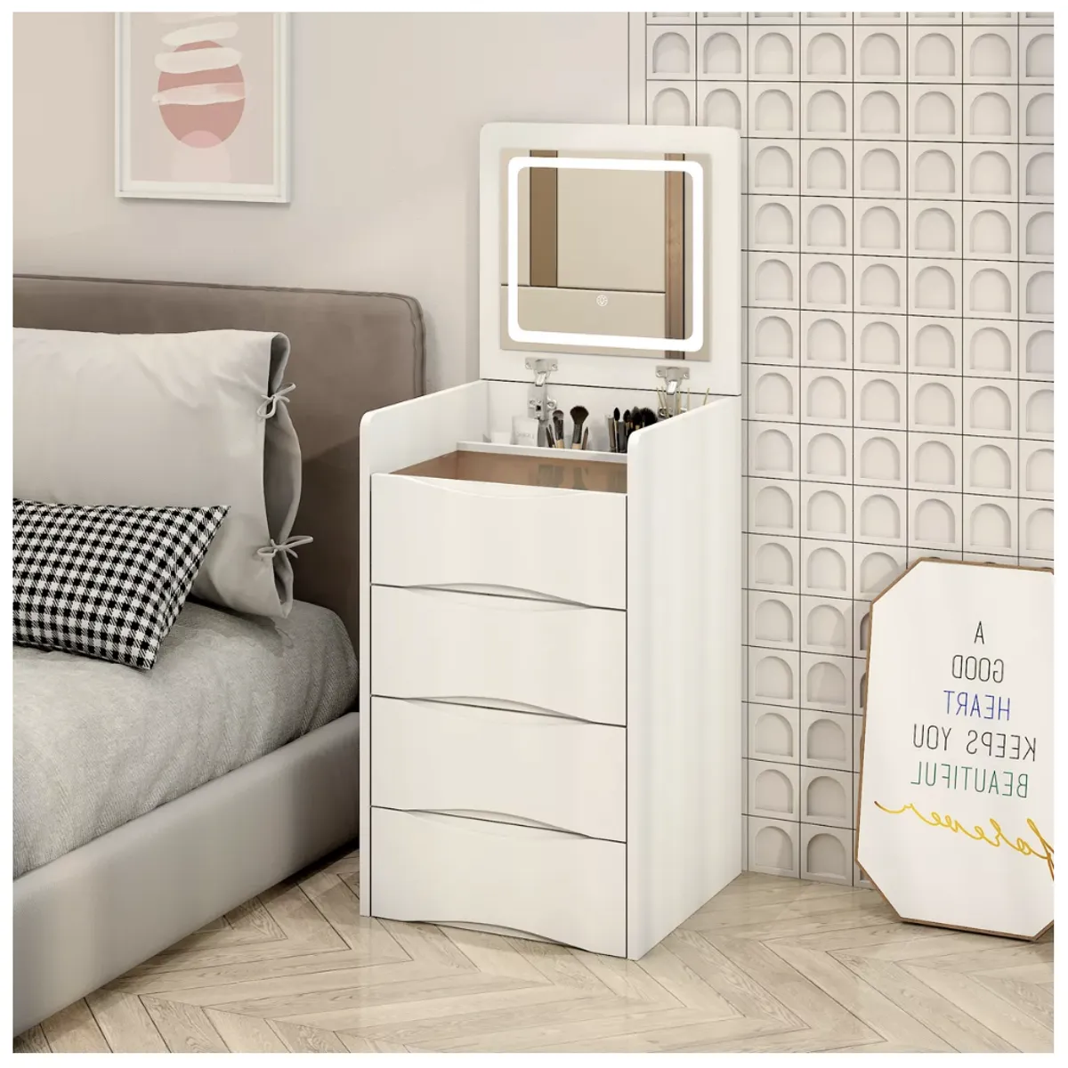 HOMER DESIGN - Tocador Lujo Espejo Tipo Velador Con Taburete Con Luz