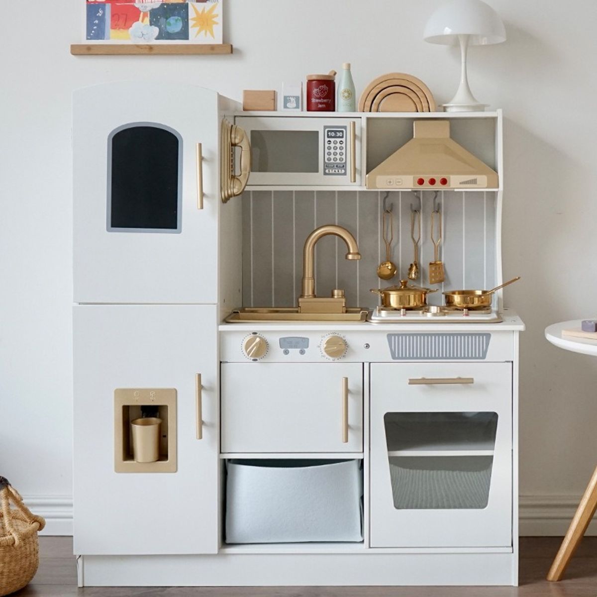 TATEE - Cocina Infantil de Madera Juguetes Blanco Con luces y agua
