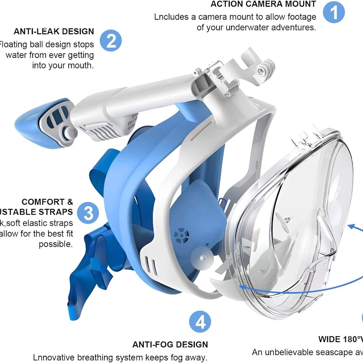 ANENG - Máscara Snorkel Fullface Buceo Antiniebla Soporte Gopro L XL