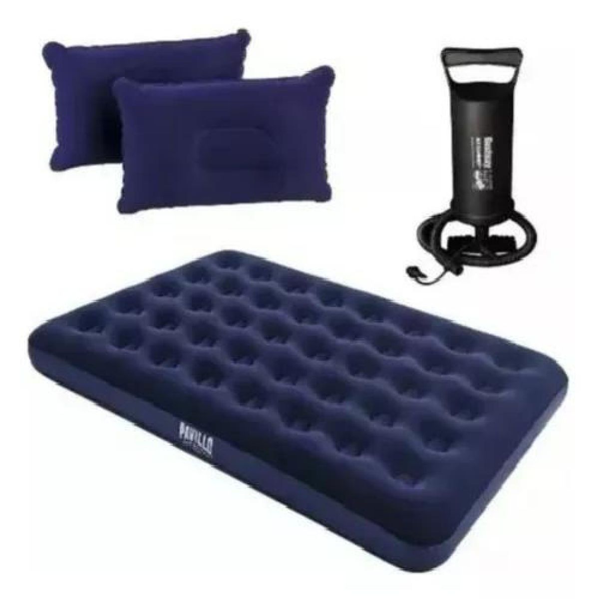GENERICO - Colchón inflable doble de 2 plazas + inflador y almohadas color azul