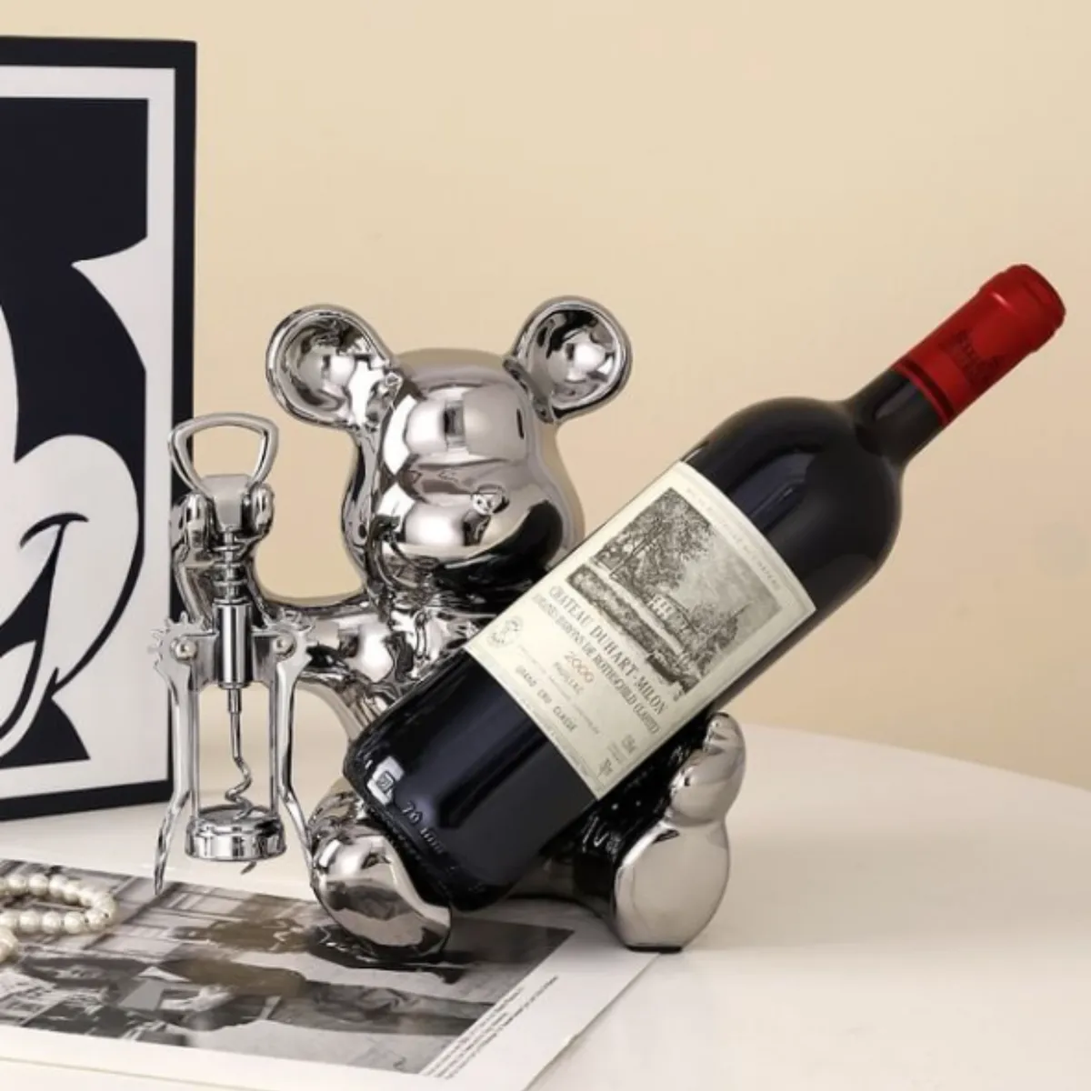 SANTU HOME & DECO - Soporte para Botellas y Destapador Vino Oso