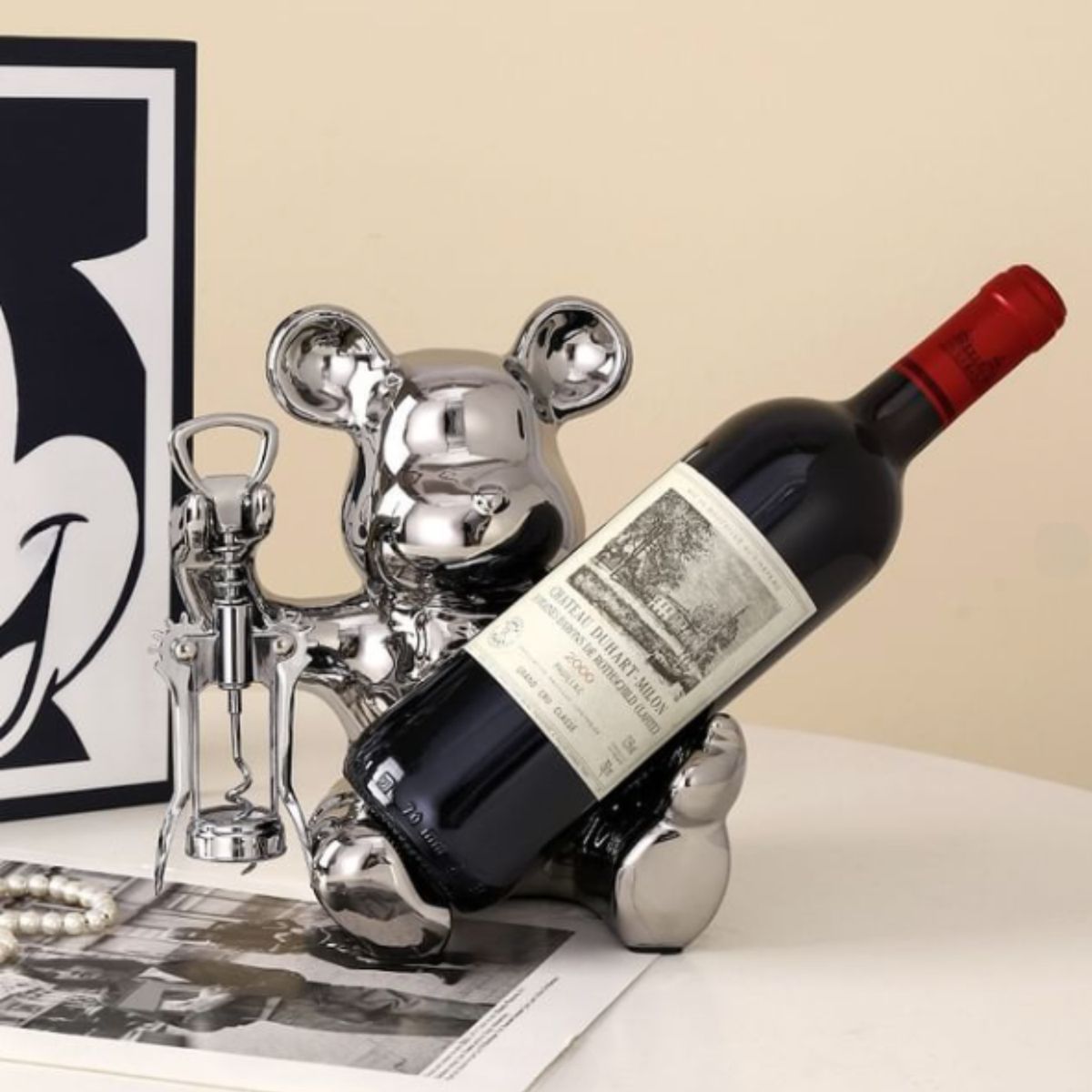 SANTU HOME & DECO - Soporte para Botellas y Destapador Vino Oso