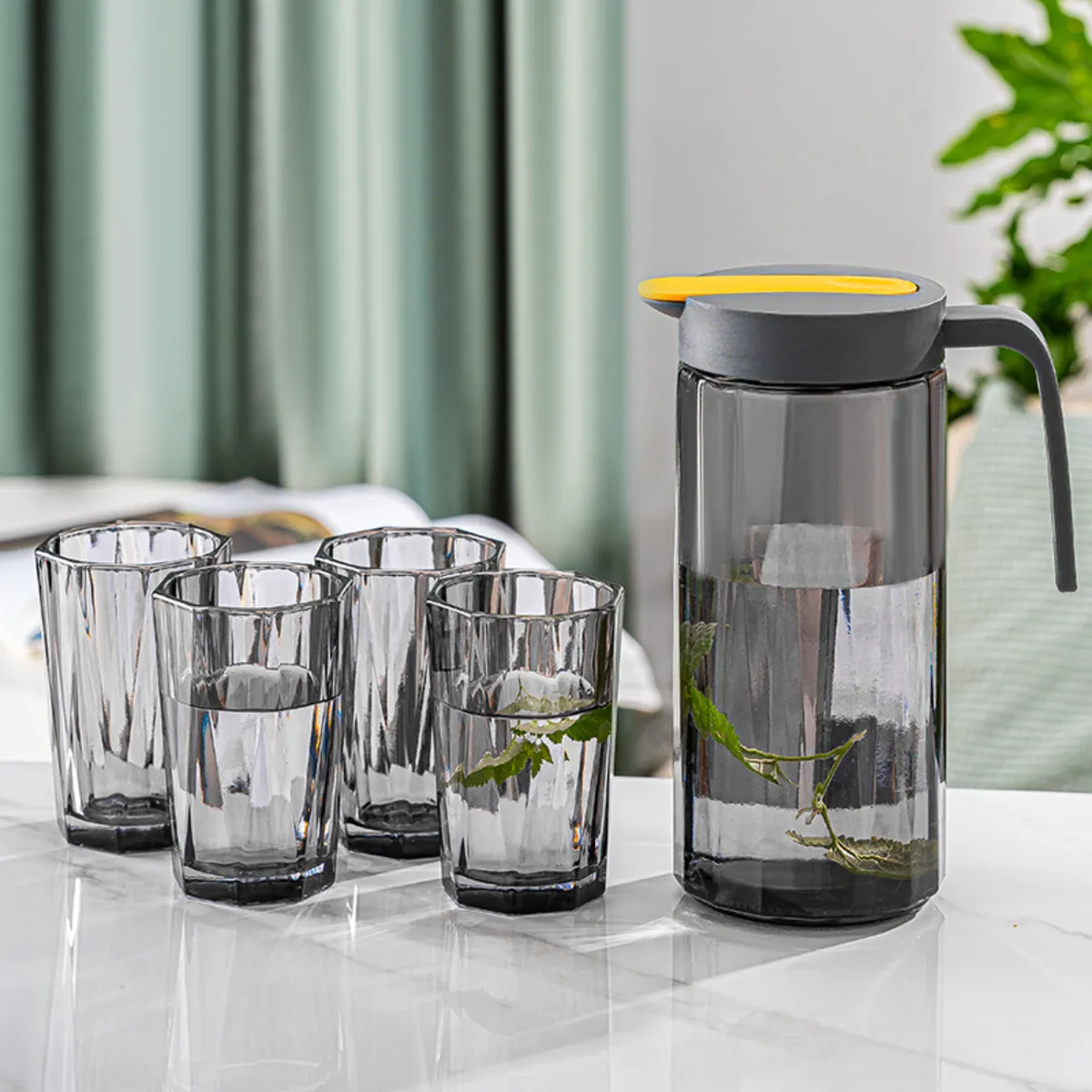 SANTU HOME & DECO - Jarra de Vidrio Dosificadora y 4 Vasos Vidrio
