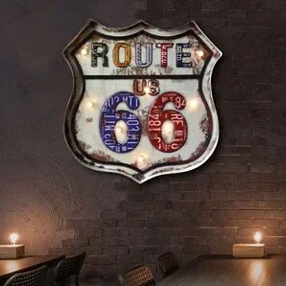 FACTORYTECH - Letrero Retro Con Luz LED Ruta 66 FactoryHome