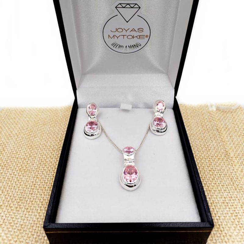 JOYAS MYTOKE - Conjunto Piedra Rosa De Francia Plata Fina 925 Mujer