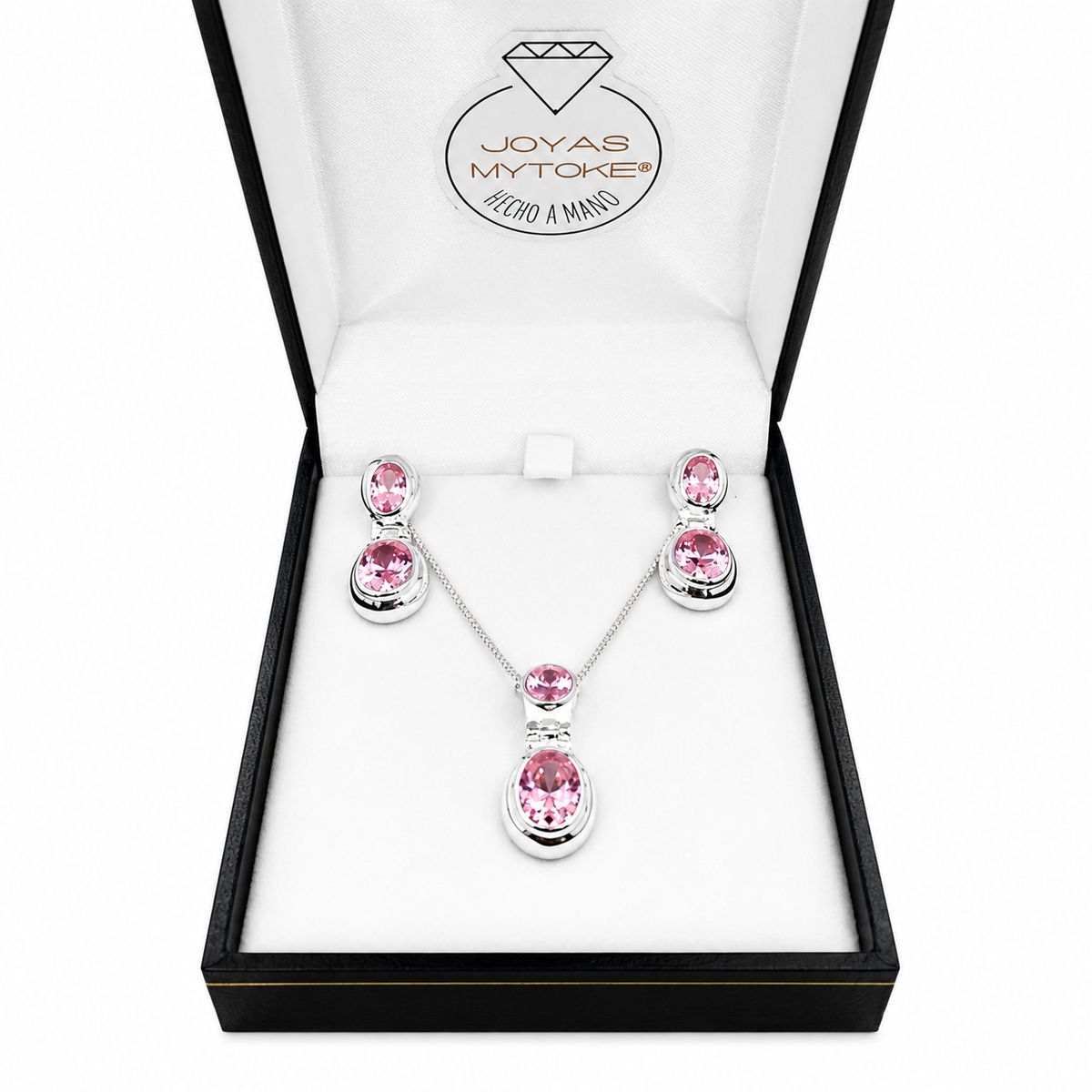 JOYAS MYTOKE - Conjunto Piedra Rosa De Francia Plata Fina 925 Mujer