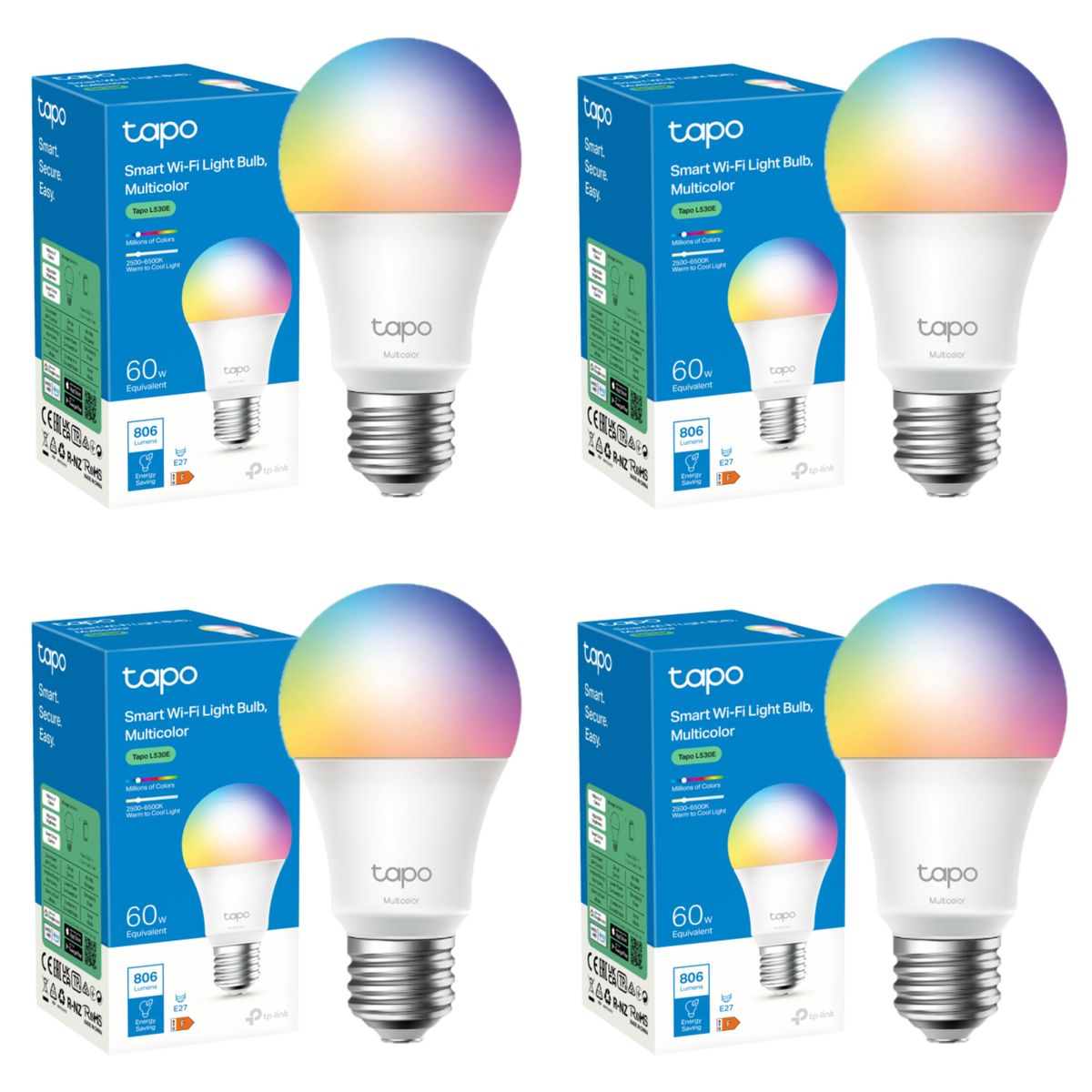 TP LINK - Set 4 Ampolleta Multicolores Smart LED Wi-Fi Tapo E27 Google Alexa