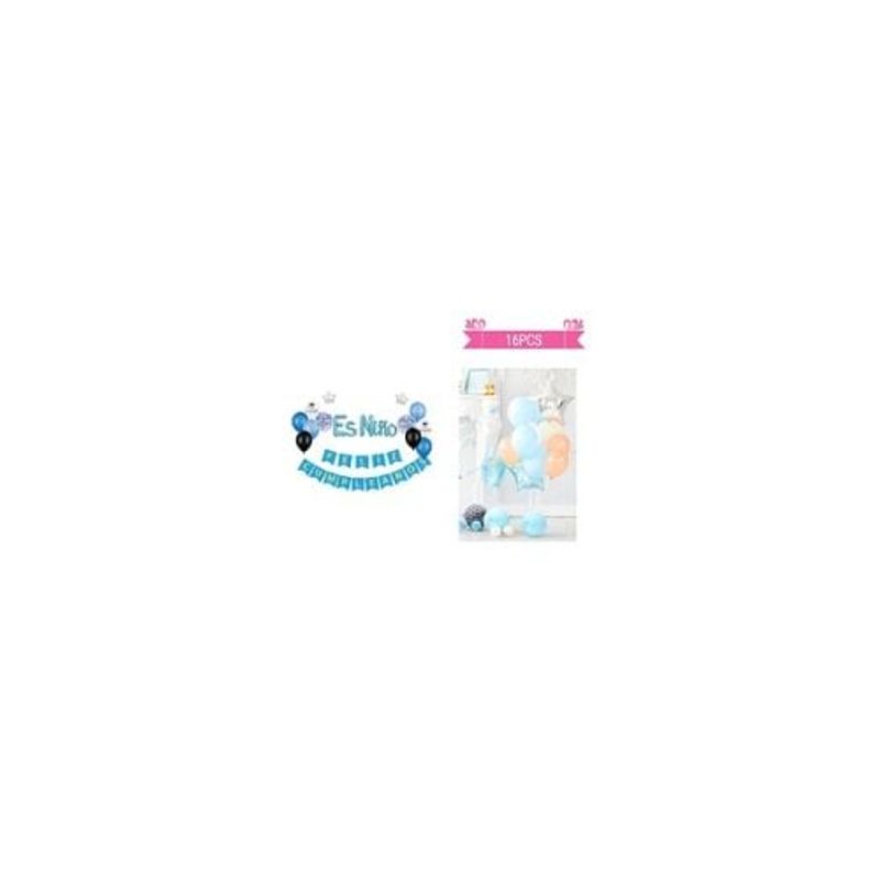 GENERICO - Set De Globos Látex y Guirnalda Azul Es Niño 16pcs