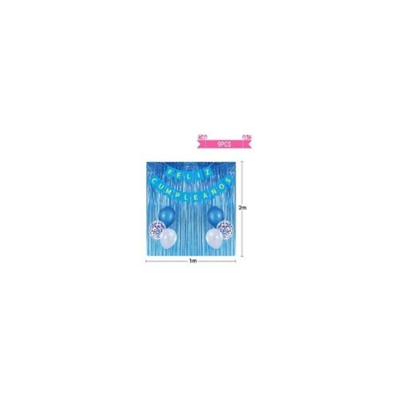 GENERICO - Set Globos De Latex y Guirnalda Cortina Azul 9pcs