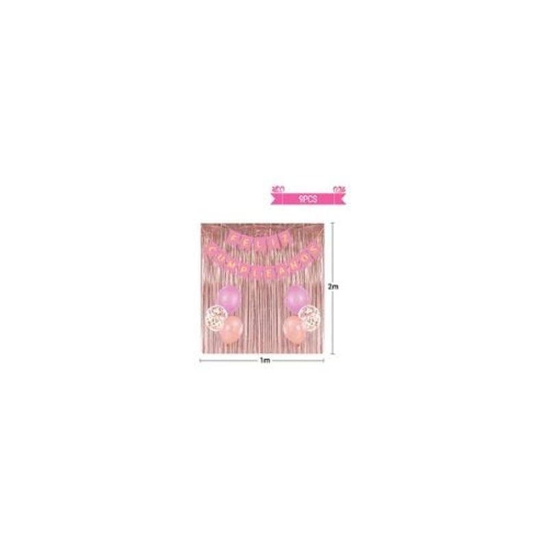 GENERICO - Set Globos De Latex y Guirnalda Cortina Oro Rosa 9pcs