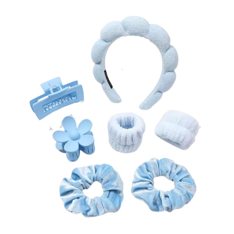 GENERICO - Set Limpieza Skincare Cintillo + Muñequera Pinzas 7 Pcs celeste