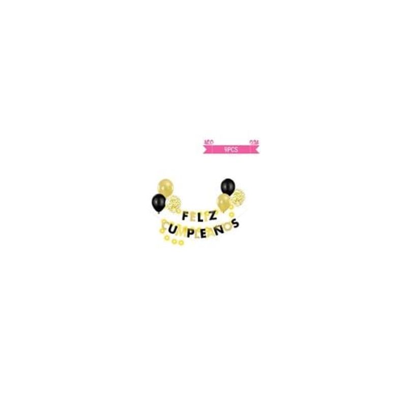 GENERICO - Set Globos Látex Guirnalda Con Luz Dorado Negro 9pcs