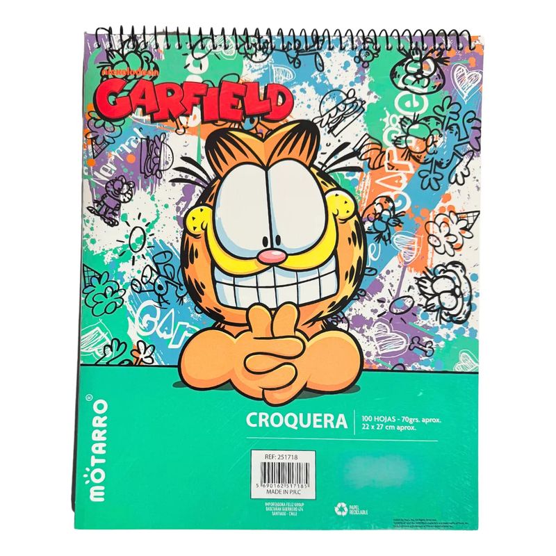MOTARRO - Croquera Para Dibujar 22x27cm 100 Hojas 70 g Diseño Garfield