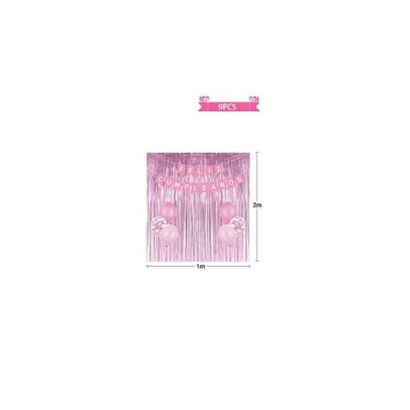 GENERICO - Set De Globos Con Cortina y Guirnalda Rosa 9pcs