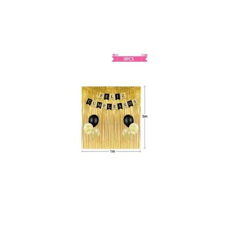 GENERICO - Set Globos Cortina Guirnalda Color Dorado Negro 9pcs