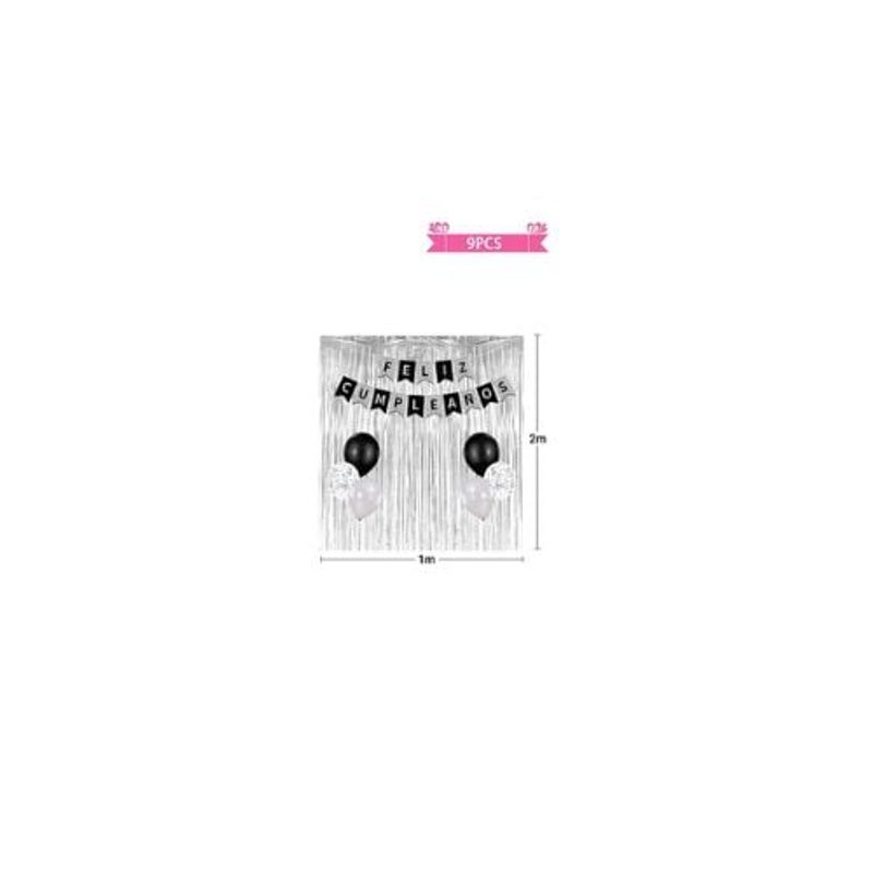 GENERICO - Set Globos Cortina Guirnalda Color Plateado Negro 9pcs