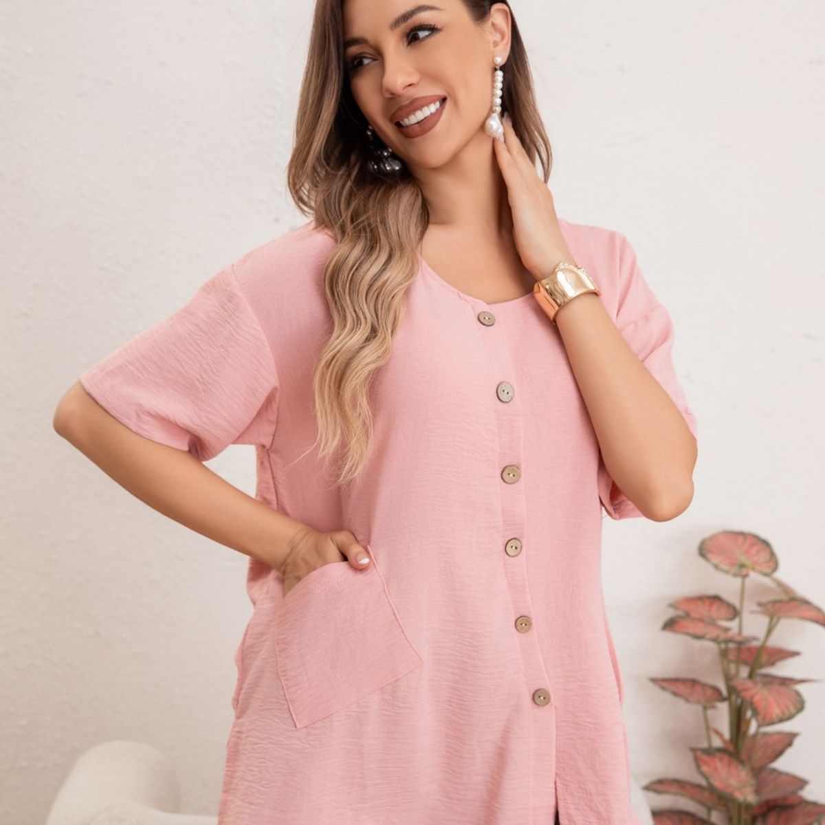 LIKE SHOP - Blusa Mujer Manga Corta Algodón Botones Bolsillos 037