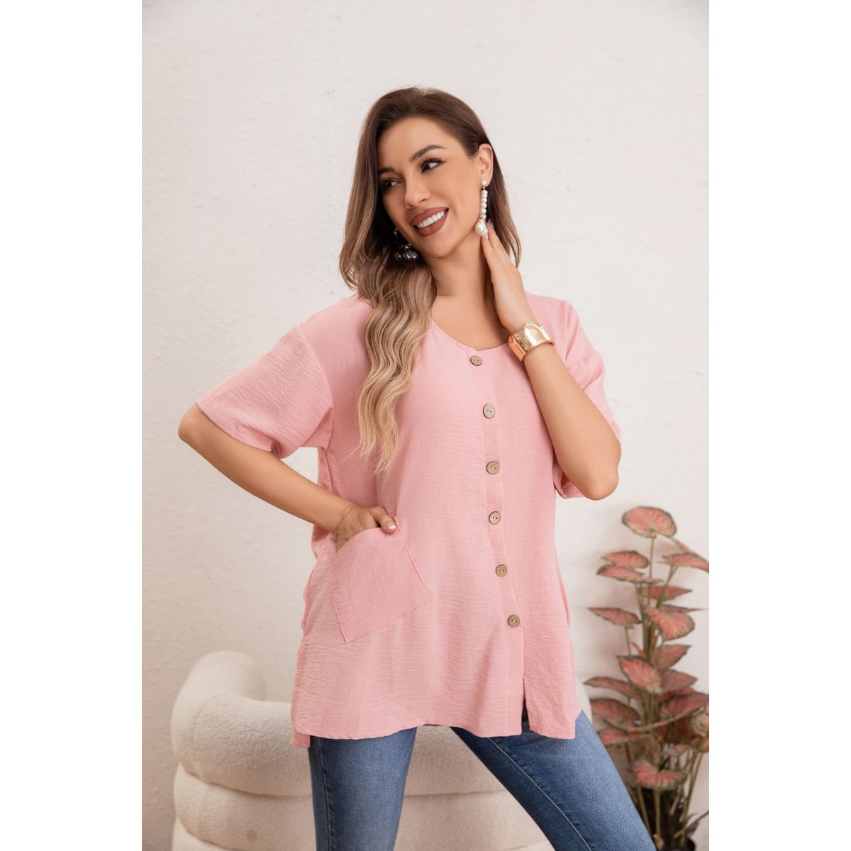 LIKE SHOP - Blusa Mujer Manga Corta Algodón Botones Bolsillos 037