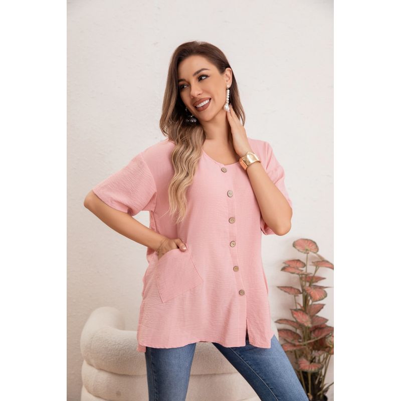 MPROPIA - Blusa Mujer Manga Corta Algodón Botones Bolsillos 037