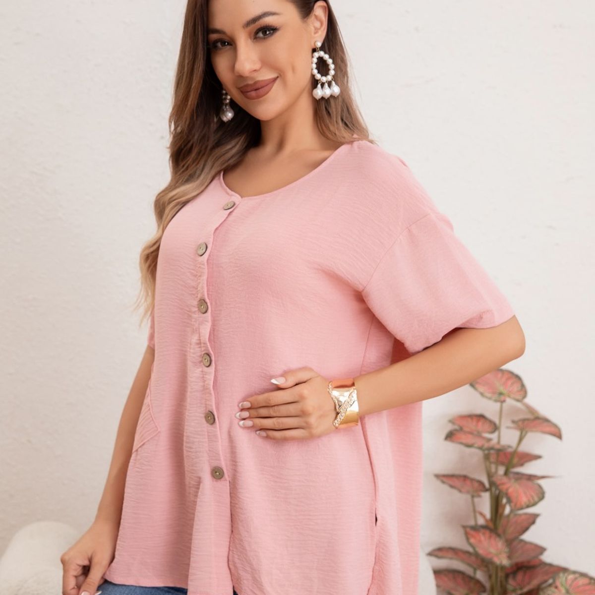 LIKE SHOP - Blusa Mujer Manga Corta Algodón Botones Bolsillos 037