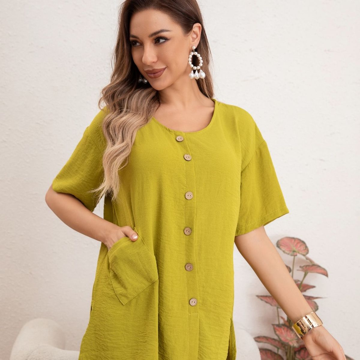 LIKE SHOP - Blusa Mujer Manga Corta Algodón Botones Bolsillos 037