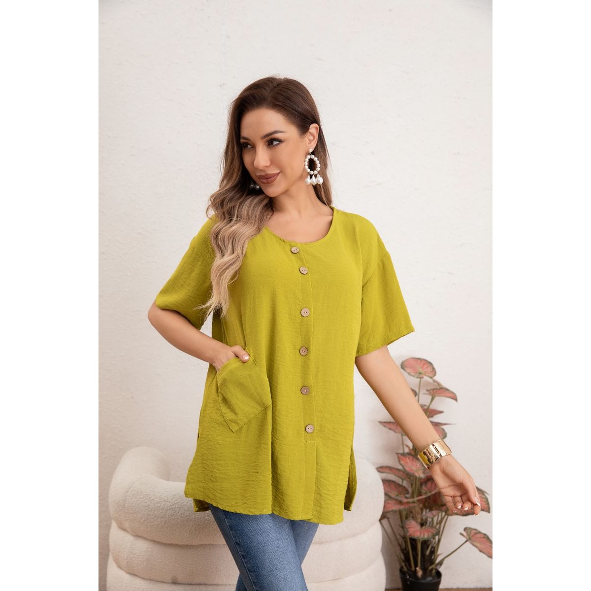LIKE SHOP - Blusa Mujer Manga Corta Algodón Botones Bolsillos 037