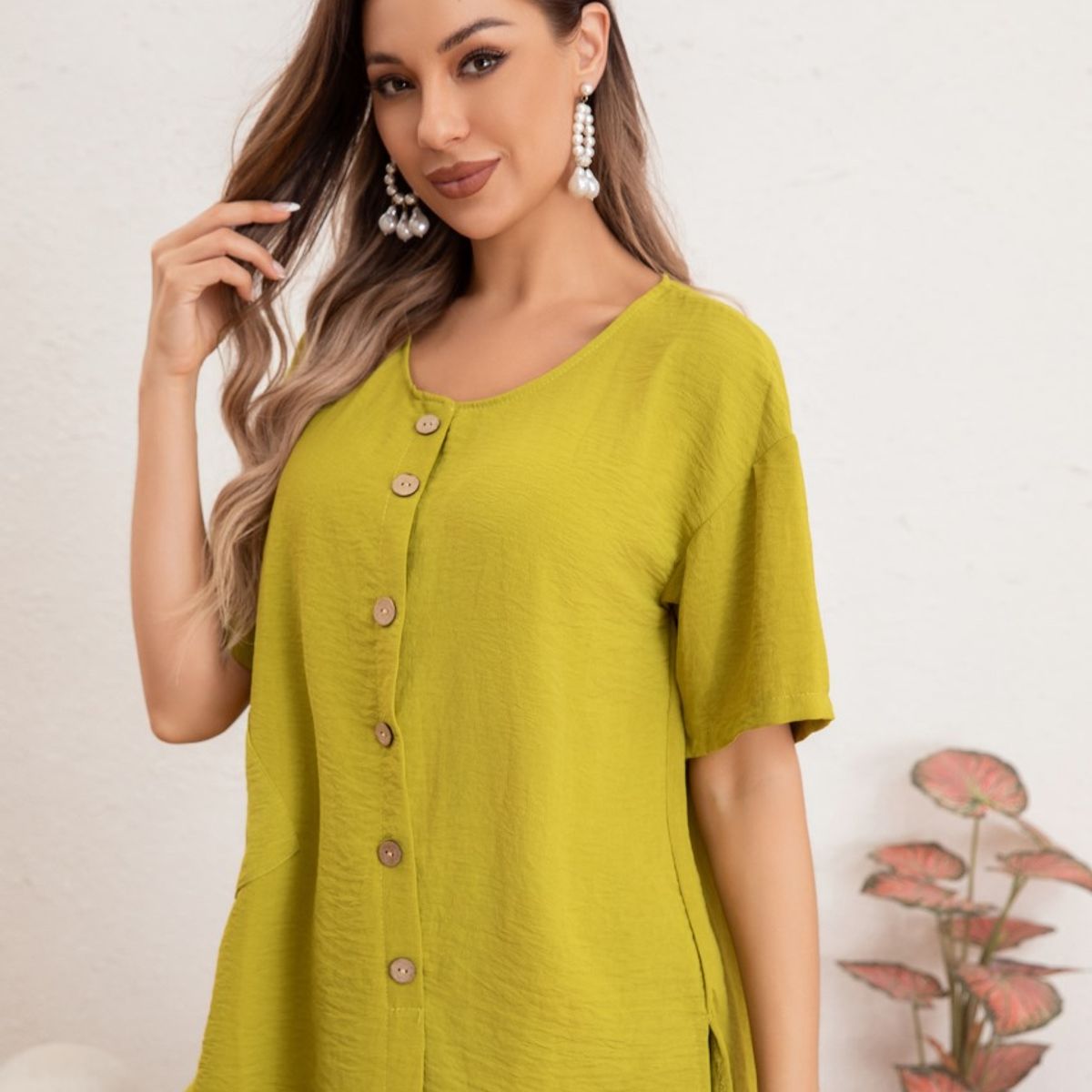 LIKE SHOP - Blusa Mujer Manga Corta Algodón Botones Bolsillos 037
