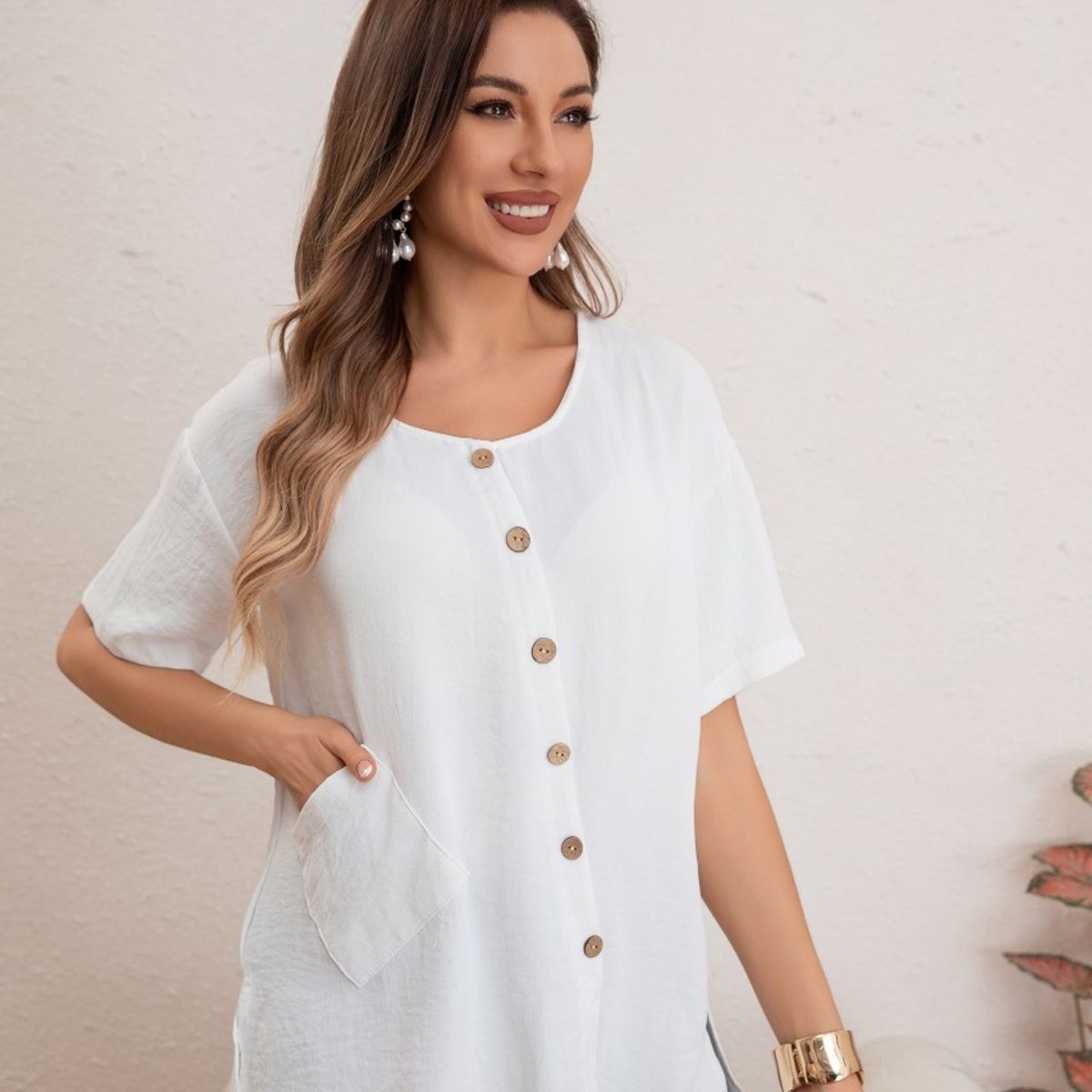 LIKE SHOP - Blusa Mujer Manga Corta Algodón Botones Bolsillos 037