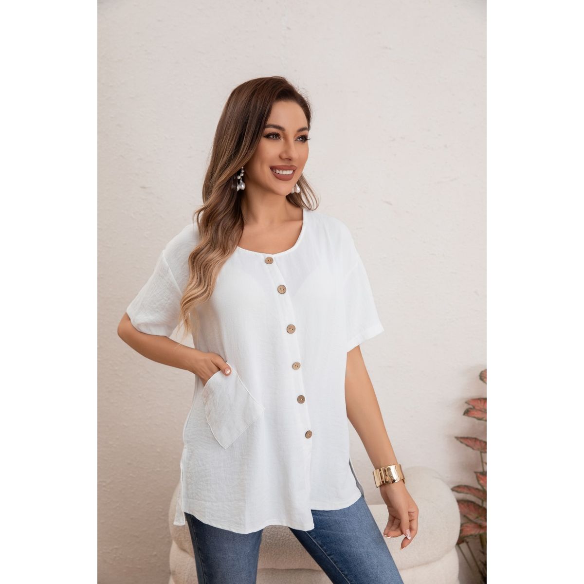 LIKE SHOP - Blusa Mujer Manga Corta Algodón Botones Bolsillos 037