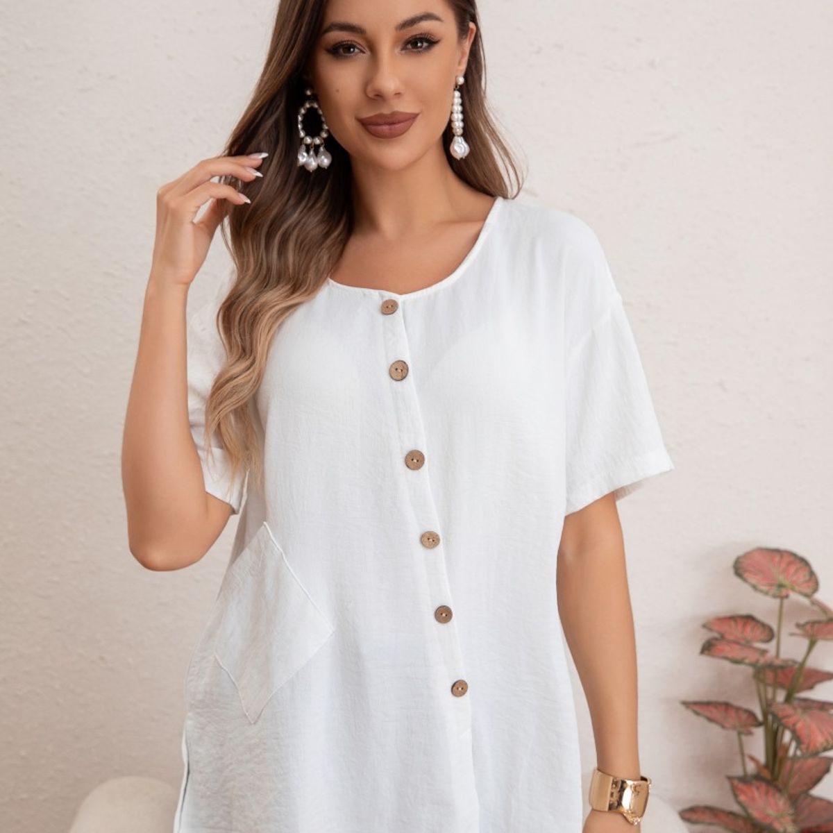 LIKE SHOP - Blusa Mujer Manga Corta Algodón Botones Bolsillos 037